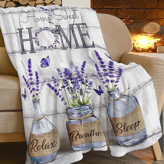 Farmhouse Floral Blanket for Women Girls Ultra Soft Cozy Lavender Flower Throw Blanket Fleece Fuzzy Plush Bedding Blanket Purple Flower Gifts for Women Girls Kids Adults Couch Sofa 50"x40"