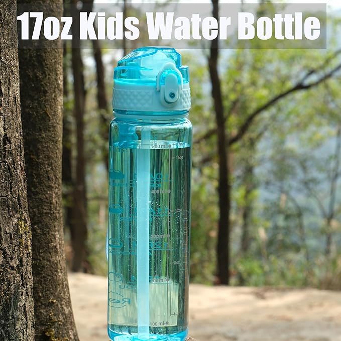 OLDLEY 17oz Kids Motivational Water Bottle, Silicone Straw, Leak-Proof Tritan BPA-Free, Reusable for School Girls & Boys, Cerulean