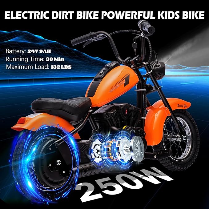 Kids Electric Motorcycle, 24V Electric Dirt Bike for Kids, 250W Motor 14MPH Fast Speed Retro Motocross, Electric Dirt Bike with LED Lights, Leather Seat, Orange