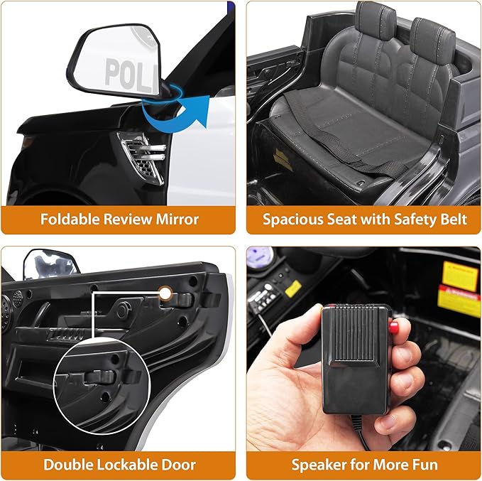 TOBBI Police Car Ride on Electric Car for Kids to Drive Battery Powered Ride-on Toys Cop Cars with Remote Control, Siren, Flashing Lights, Music, Spring Suspension, Carbon Black