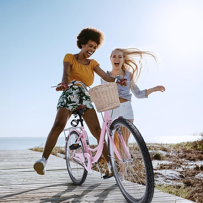 YITAHOME Beach Cruiser Bike for Women, 24 & 26 inch Commute Bike for Adults, 1 & 7 Speed Womens Bicycle with Basket Adjustable Seat, Multiple Color
