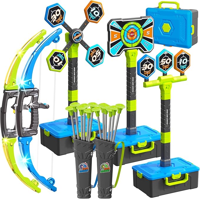 2 Pack Bow and Arrow Toy for kids 5 6 7 8 9 10,LED Light-Up Bows Archery Set with 12 Suction Cup Arrows, 4 Fun Targets ,2 Quivers & Storage Box ,Indoor Outdoor Sport Game Gifts for Boys Girls 4-8 8-12