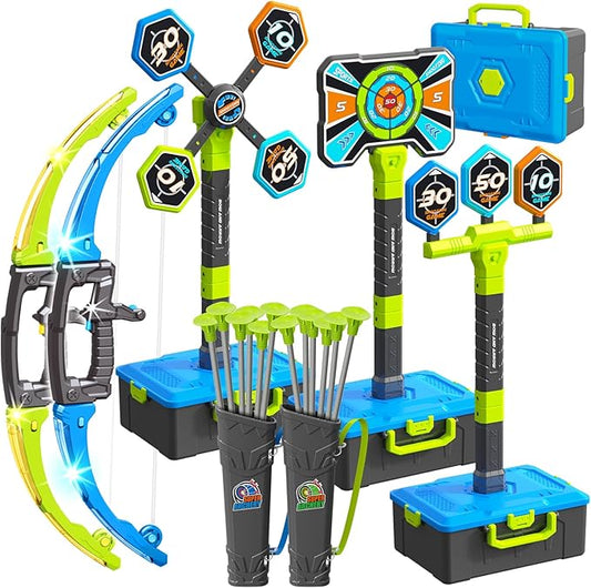 2 Pack Bow and Arrow Toy for kids 5 6 7 8 9 10,LED Light-Up Bows Archery Set with 12 Suction Cup Arrows, 4 Fun Targets ,2 Quivers & Storage Box ,Indoor Outdoor Sport Game Gifts for Boys Girls 4-8 8-12