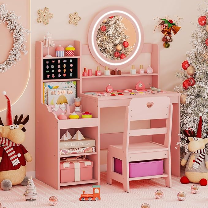 Costzon Kids Vanity, Girls Vanity Set with Mirror and Lights, Jewelry Storage, Shelves, Princess Toddler Makeup Vanity Desk Dressing Table, Wooden Kids Vanity Table and Chair Set (Pink)