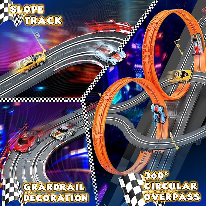 Slot Car Race Track Sets,2 in 1 Race Car Track with 4 High-Speed Slot Cars，Gift Toy for Boys Kids Ages 5 6 7 8-12,Dual Power (Source) Cars Track,Dual Racing Game Lap Counter Circular Overpass Track