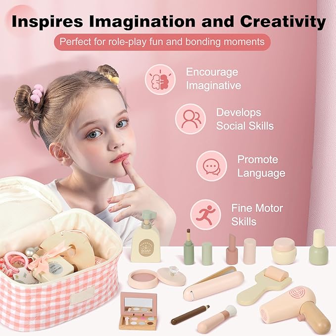 Wooden Makeup Toy Set, Pretend Play Makeup Set for Kids Toddlers, Play Beauty Makeup Kit for Girls 3 4 5 6 7 Year Old