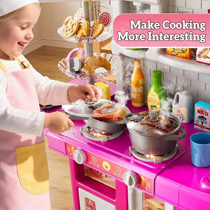 Kids Kitchen Playset for Ages 3-6 4-8, Play Kitchen with Light, Sound and Spraying, Sink Toy Accessories, Cooking Stoves, Pretend Food Toys for Toddlers 3-5 Boys Girls 6-12