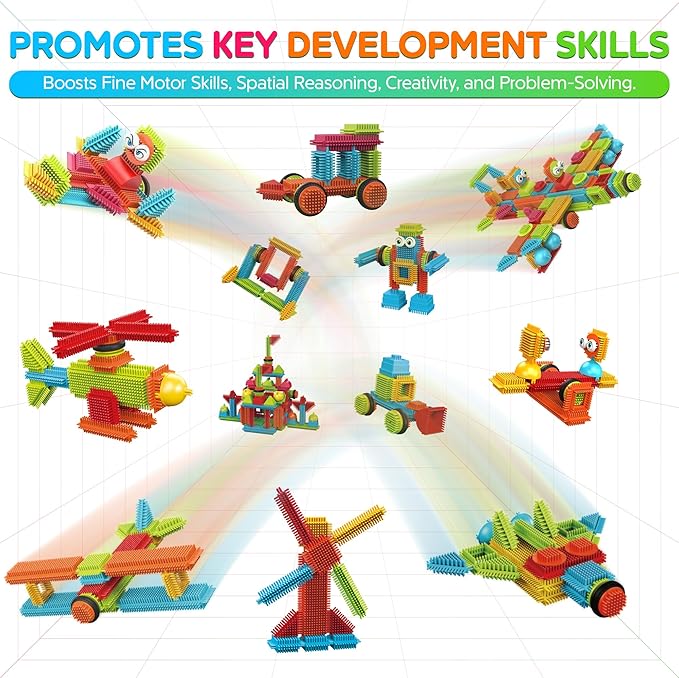 Contixo 144 pcs Bristle Shape 3D STEM Building Toys, Construction Learning Stacking Educational Block, Creativity Beyond Imagination, Inspirational, Safe & Durable, Recreational Toy for Kids Ages 3-8