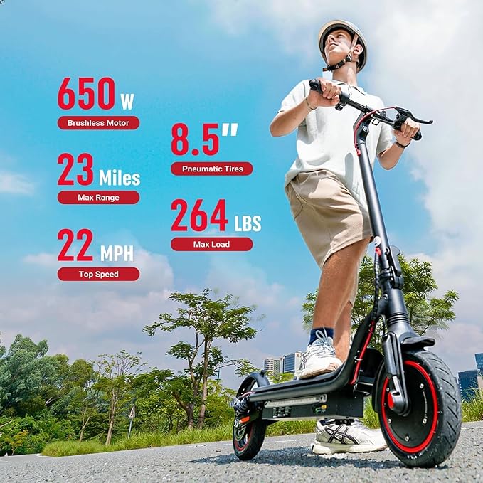 Electric Scooter, 650W/500W/350W Powerful Motor, 22/18 MPH Top Speed, 23/21 Miles Long Range, 10"/8.5" Pneumatic Tires, Smart App, UL Certified Foldable Commuting Electric Scooter for Adults and Teens