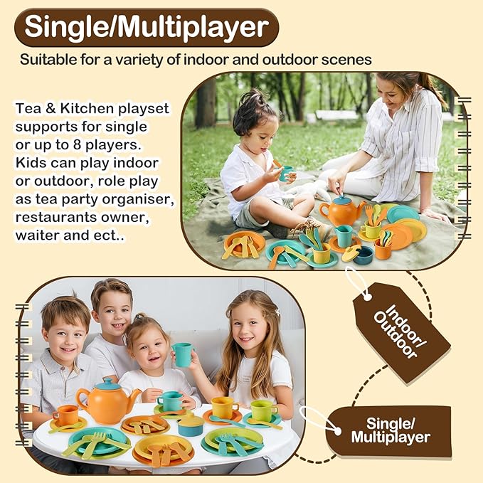 Buyger Kids Kitchen Accessories and Tea Set for Kids, Toddler Play Kitchen Toy Dish Plates Utensils Dinnerware Set Pretend Role Play Gifts for Ages 3-5 3 4 5 Years Olds Kids Children Boys Girls