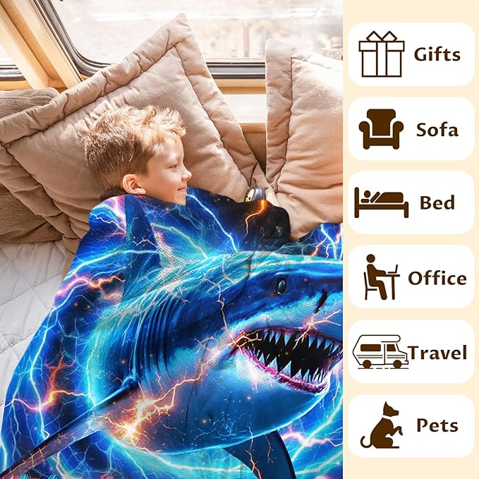 Shark Blanket for Boys, Personalized Throw Blankets for Kids Son 30x40 Inches Small Lightweight Soft Custom Throw for Sofa Chair Bed Office Trip Cool Shark Decor Stuff
