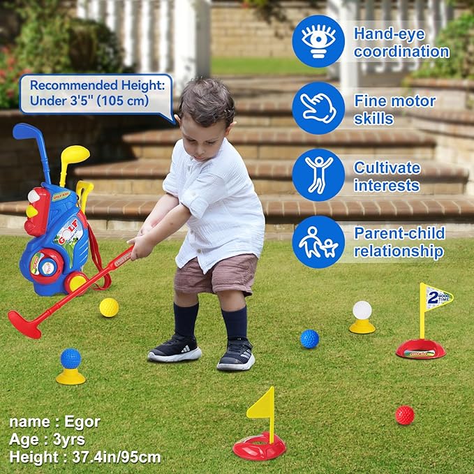 Toddler Golf Set for Boys Girls 2 3 4 5 Years Old, Upgraded Kids Golf Cart with 3 Clubs & 8 Balls, Outdoor Indoor Sports Christmas Toys Birthday Gift, Blue