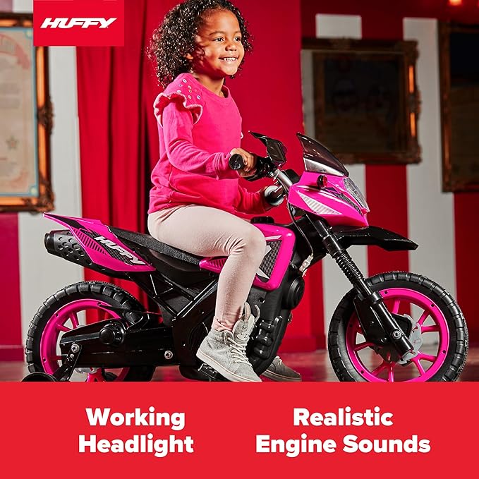 Huffy Ride on Motorcycle for Kids, Ideal for Ages 3-7 Years Old, 6V Ride On Motorcycle, Training Wheels, Realistic Engine Sounds, Simple Wall Charger, Max Weight 65lbs, 2 MPH, Pink