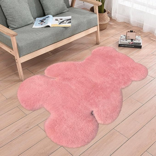 4x5.3 ft Pink Bear Shaggy Large Rug, Soft Fluffy Faux Sheepskin Fur Rug Fuzzy Shag Area Rug Cute Plush Carpet for Nursery Kids Girls Bedroom Room Aesthetic Living Room Floor Home Decor, Pink