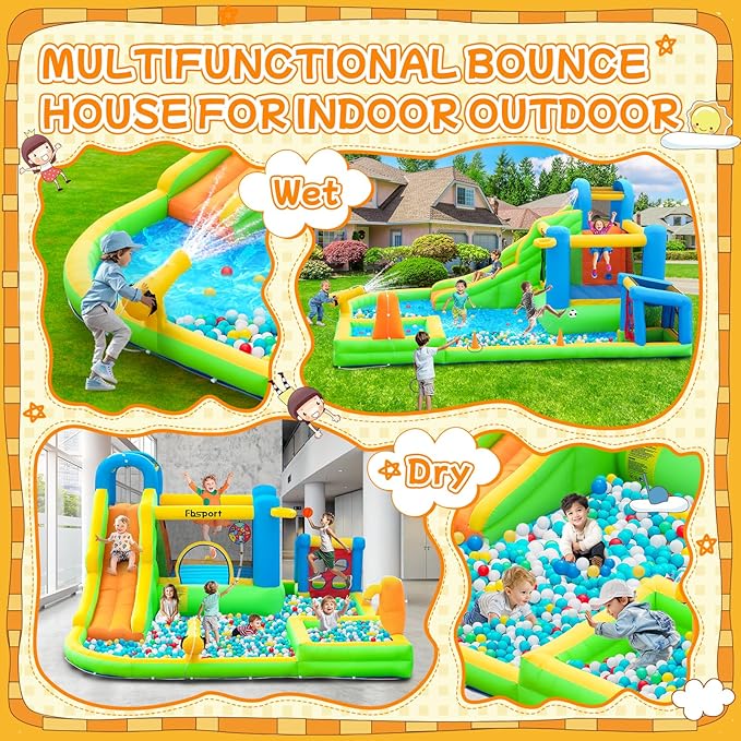 FBSPORT Inflatable Bounce House, 9 in 1 Water Slide with Blower, Bouncy House for Kids Indoor Outdoor Wet Dry Combo Water Bounce House with Football Shooting, Water Gun, Splash Pool, Bounce Area, Hose