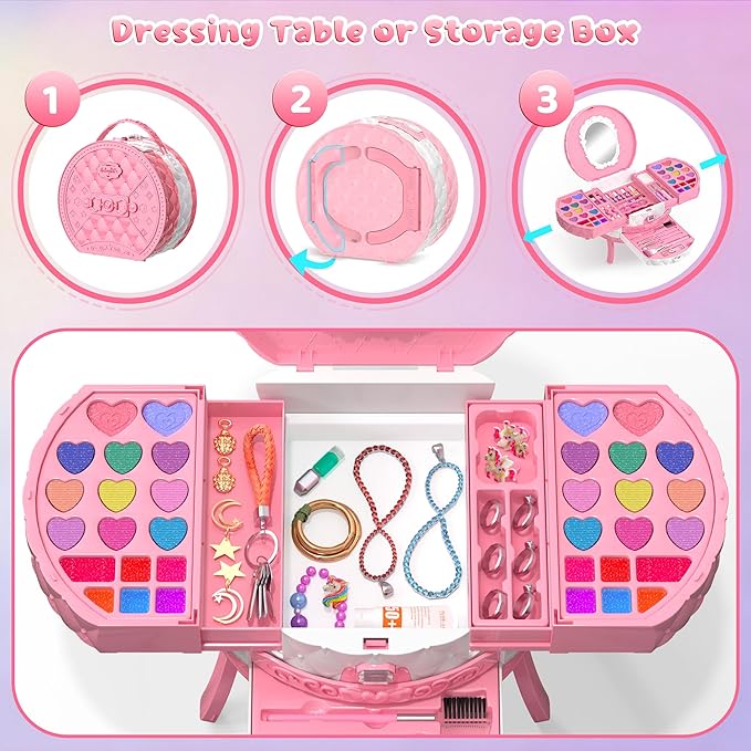 PERRYHOME Kids Makeup Sets for Girls 5-8, 57 Pcs Washable Real Cosmetic Set, Non-Toxic Toddler Makeup Toys, Girls Makeup Kit, Princess Toys & Birthday Gifts for 3 4 5 6 7 8+ Years Old (Pink)