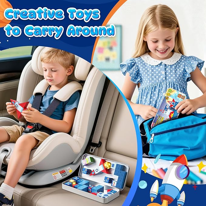 36 PCS Mini Magnetic Tiles Travel Set with Portable Iron Storage Box, STEM Learning Magnetic Building Blocks with LED Light-Up Glow in The Dark, Montessori Sensory Toys Gifts for Toddler, Boys & Girls