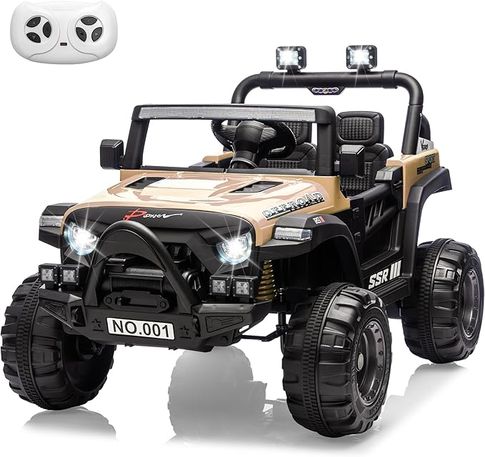 Kids Ride On Truck Car, 12V Ride On Toy Battery Powered Vehicles w/Parent Remote, Spring Suspension, Electric Car for Kids with Bluetooth Music, LED Light, Ideal Car Gift for Boys Girls, Khaki