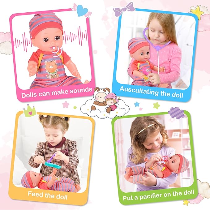 Baby Doll Stroller Toys Set, 12″ Doll with Accessories, 28Pcs Baby Dolls and Stroller Set with Care Bag, Clothes, Baby Bottle, Realistic Pretend Play Toy for Girls 3-5, 4-6, 7 Years Old Toddler Gift