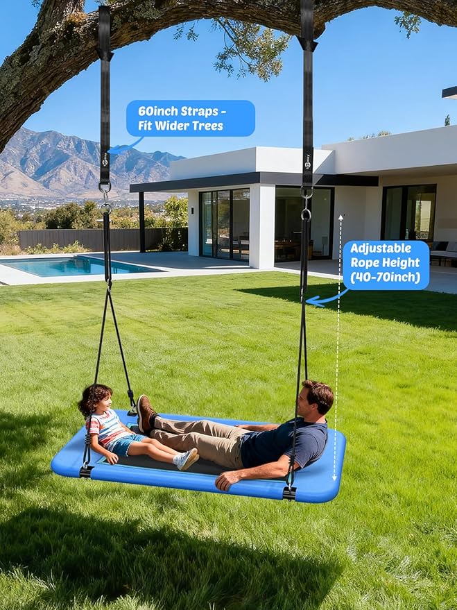 Trekassy 60" Extra Large Rectangle Tree Swing - Heavy Duty 700lb Capacity, Waterproof Platform for Kids & Adults with Complete Installation Kit & 2 Tree Straps (Blue)