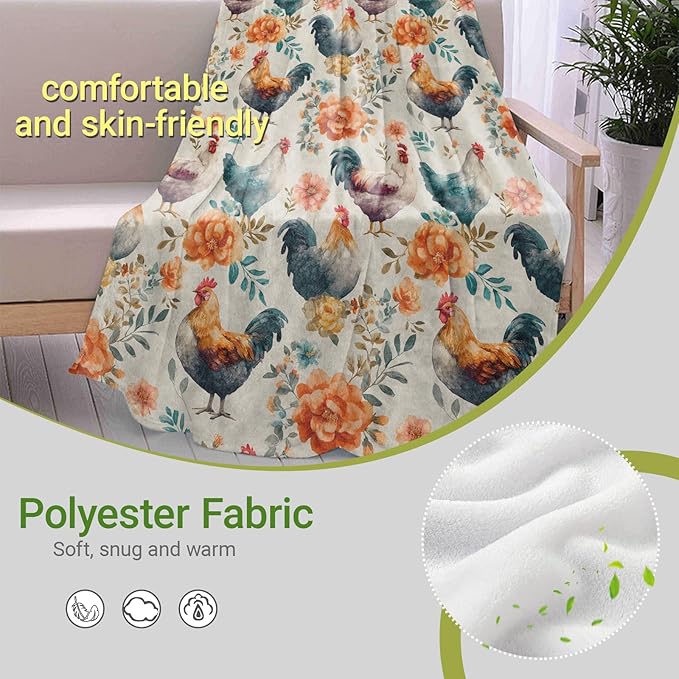 Country Chicken Blanket,Rooster and Bright Floral Fleece Blankets,Soft Decorative Throw for Bedroom,Farmhouse,Travel,Camping,Practical Throws Gifts for Adults Farm Animal Lovers,50X60 Inch