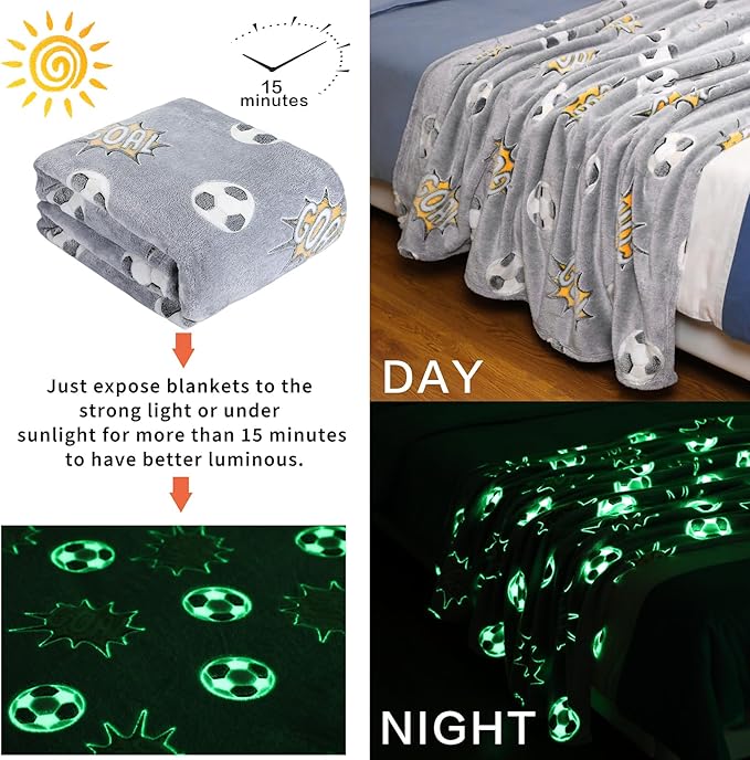 Soccer Glow in The Dark Blanket Sports Gifts for Kids Boys Teen Girls Christmas Birthday Easter Gift Fun Magical Decor Soft Plush Flannel Furry Fluffy Nap Sleep Throw Blanket Grey 60"x80"
