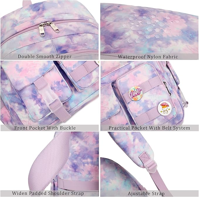 Hidds Laptop Backpacks 16 Inch School Bag College Backpack Anti Theft Travel Casual Daypack Bags Cute Bookbags Large Colorfull Carry on Back Pack for Teens Girls Women Students (Tie-Dye Purple)