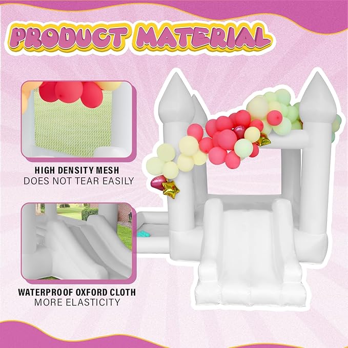 AKSPORT White Bounce House Castle Inflatable Jumping Castle with Slide & Air Blower for Kid, Wedding, Birthday Party Castle, 9 * 9 * 7FT