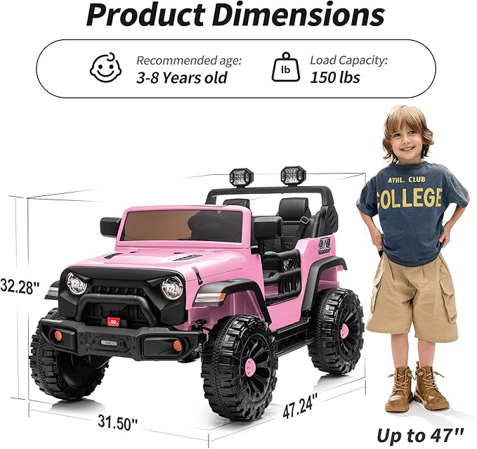 2 Seater Ride on Car Toy, 24V 4WD Electric Car for Kids 4-8 with Remote Control, 4x200W Motors, Capacity 150 lb - Light Pink