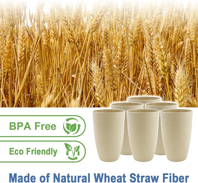 Wheat Straw Cups 20 OZ Large Capacity Set of 6, Unbreakable Drinking Cups Reusable, Alternative to Plastic CupSet, Dishwasher Safe Cups for Kitchen Water Tumblers (Beige)