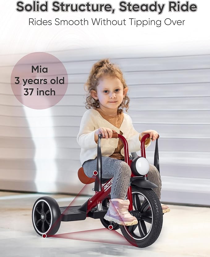 Toddler Tricycle for 2 to 5 Years, Tricycle for 3 Years with Front Light, Rubber Front Wheel, Soft Handlebar with Streamers, Adjustable Seat, Red