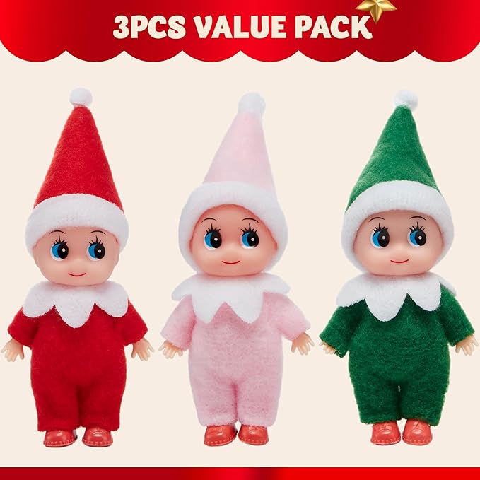 JOYIN Christmas 3PCS Tiny Elf Doll Christmas with 1 red,1 Green and 1 Pink elf Doll,Holiday Decoration Accessories Tiny Gift for Girls Boys Kids Adults