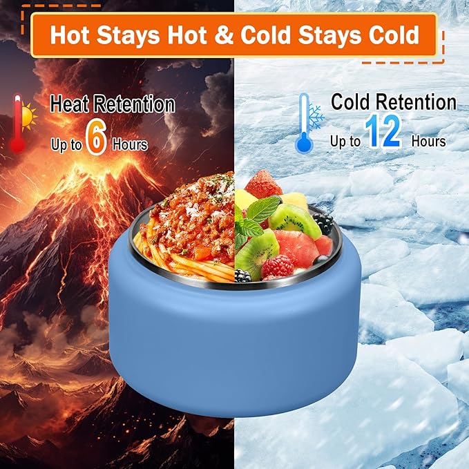 13.5oz Kids Jar for Hot Food, Insulated Vacuum Food Jar with Buckle Lid, Stainless Steel Wide Mouth Leak Proof Insulated Lunch Container for School Picnic Travel, Sky Blue