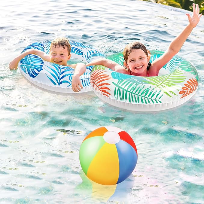 90shine 7PCS Luau Pool Floats: Hawaiian Swimming Rings with 13.5" Beach Balls - Inflatable Tubes Floaties Toys for Kids Adults