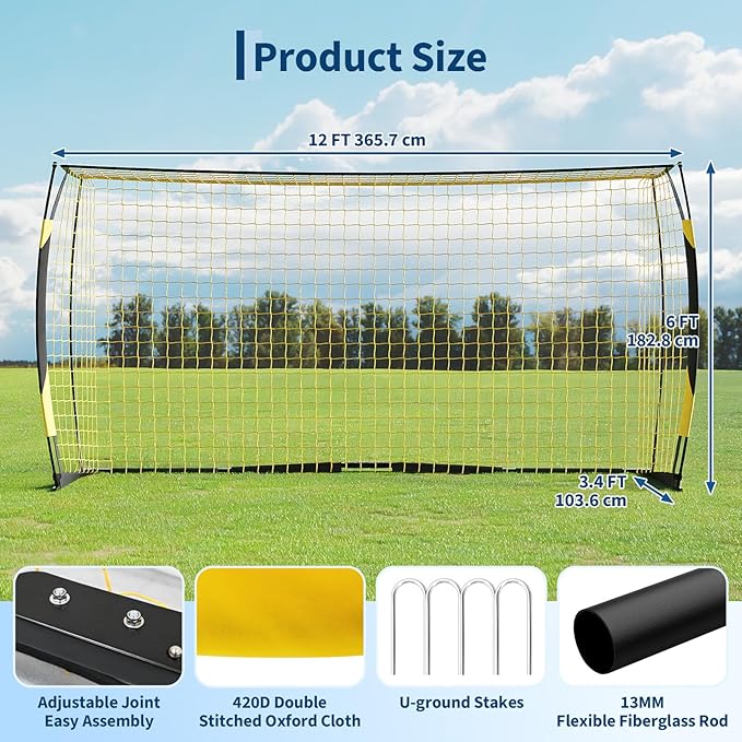 12x6 FT Soccer Goal for Backyard, Portable Soccer Net with Sturdy Metal Base, Easy Assembly Soccer Training Equipment for Indoor Outdoor Use, Collapsible with Carry Bag