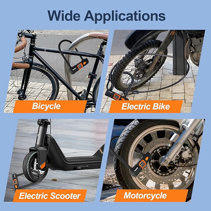 Bike Locks Heavy Duty Anti Theft, Combo Bike U Lock, 4-Digit Resettable Combination E-Bike Large U Shaped Lock with 5Ft Steel Cable for Electric Bike, Bicycle, Escooter, Motorcycle,Door