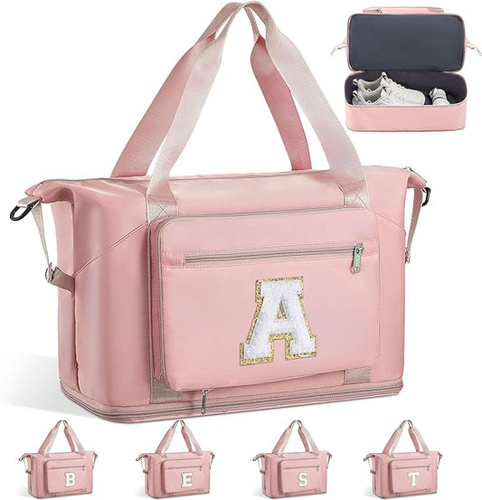 Teen Girl Gifts Trendy Stuff-Initial Duffle Bag for Travel, Carry on Bag Duffel Bags, GYM Weekend Overnight Bag with Shoes Compartment,Hospital Bags for Women-Pink A
