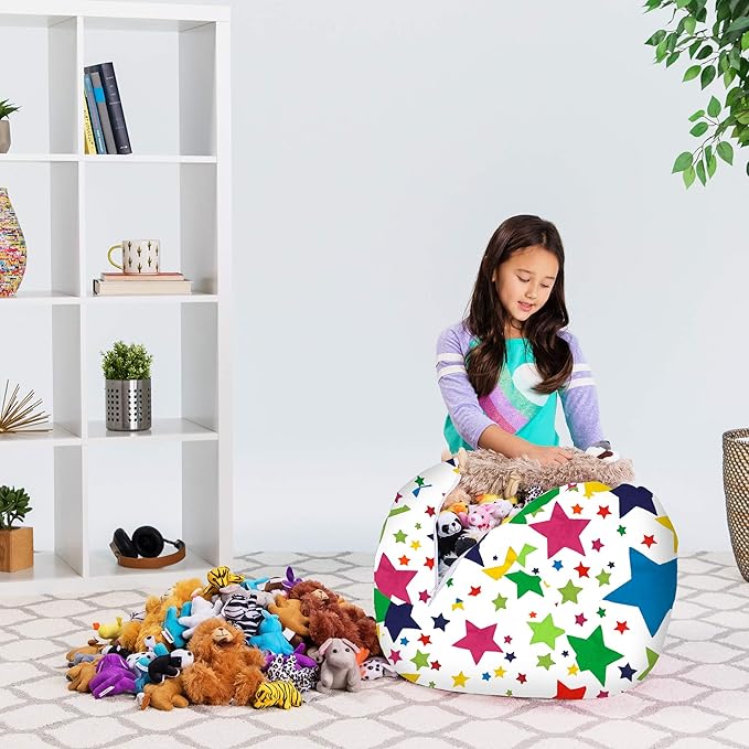 Posh Creations Stuffable Kids Stuffed Animal Storage Bean Bag Chair Cover - Childrens Toy Organizer, Medium-27 - Canvas Stars Bright Multi-Colored