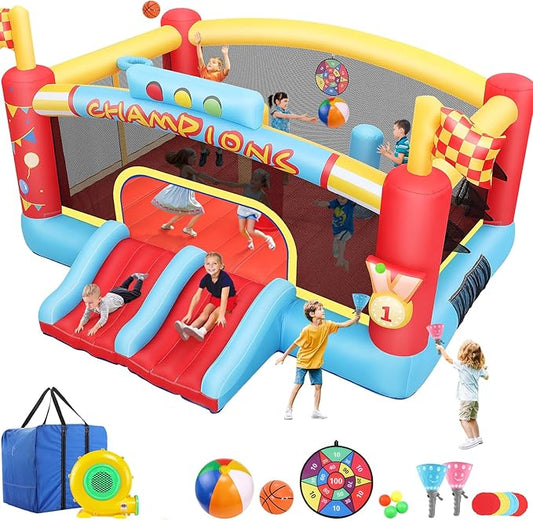 AKEYDIY Big Inflatable Bounce House for Big Kids, 13FT Outdoor Inflatable Bouncers with Blower, Double Basketball Hoop, Throw Ball Game, Punching Game, Jumping Bouncy Castle (Extra Large Bounce House)