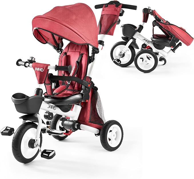 JMMD Baby Tricycle, 7-in-1 Folding Kids Trike with Adjustable Parent Handle, Safety Harness & Wheel Brakes, Removable Canopy, Storage, Stroller Bike Gift for Toddlers 18 Months - 5 Years(Red)