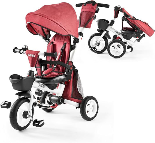 JMMD Baby Tricycle, 7-in-1 Folding Kids Trike with Adjustable Parent Handle, Safety Harness & Wheel Brakes, Removable Canopy, Storage, Stroller Bike Gift for Toddlers 18 Months - 5 Years(Red)