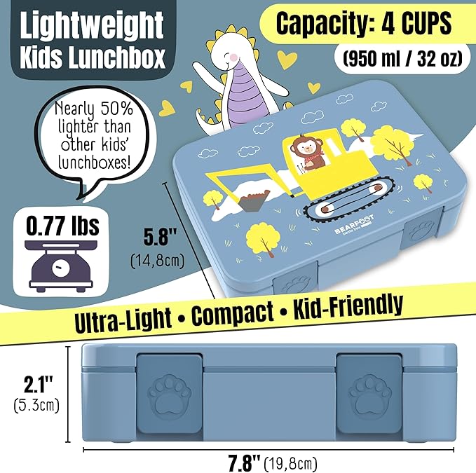 BEARFOOT Kids Lunch Box with Compartments – Compact & Lightweight | Leak-Proof, BPA-Free, Dishwasher & Microwave Safe | Hand-Drawn Design for Preschool, School, Travel (Excavator Monkey Blue, 4 Cups)