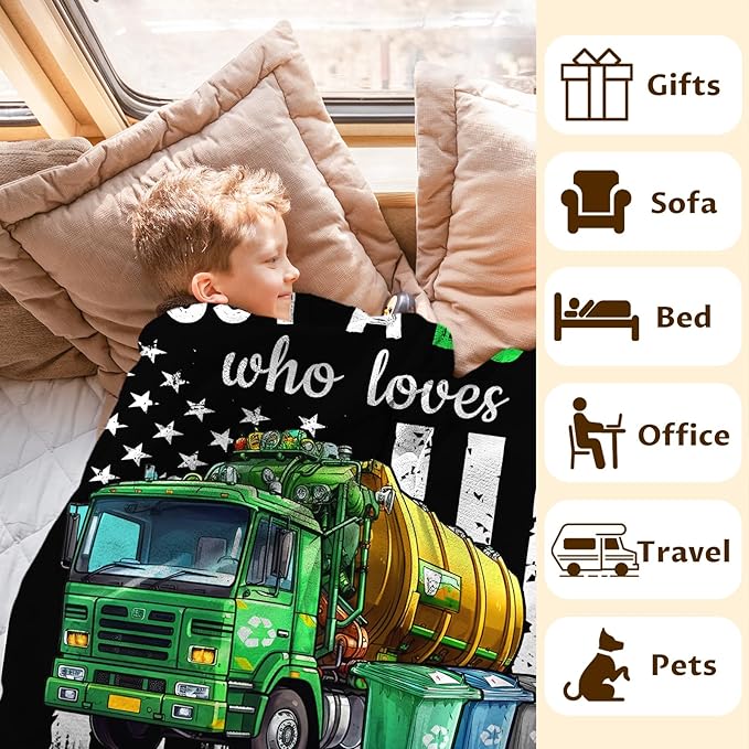 Boys Blanket Gifts, Garbage Trucks Throw Blankets for Kids Teens, 40x50 Inches Cute Throws for Truck Lovers - Black Soft Fuzzy Car Blankets for Sofa Couch Bed