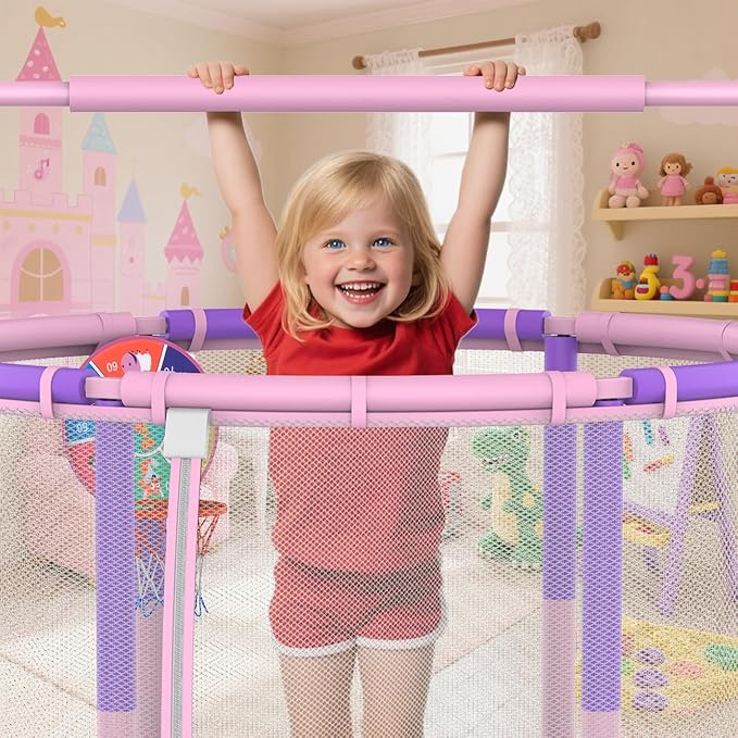 LANGXUN 60" Trampoline for Kids, 5ft Toddler Mini 6-in-1 Trampoline Indoor Outdoor with Swing, Basketball Hoop, Dart Board, Rings, Christmas Toys Birthday Gifts for Girls Boys