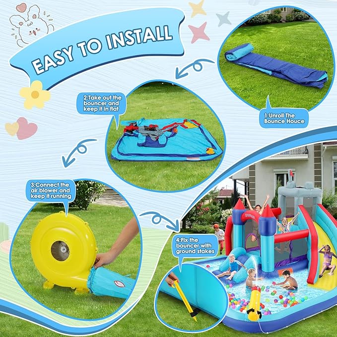 AKEYDIY Inflatable Bounce House,12in1 Bounce Castle Slide Park for Kids 3-12, Royal Blow Up Bounce Houses w/Long Slide,Climbing Wall,Inflatable Water Park for Kids Indoor Outdoor Party
