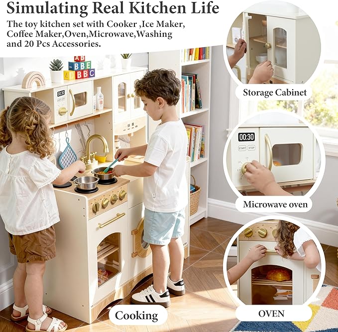 Wooden Play Kitchen for Kids and Toddlers with Realistic ICE Maker & Sounds,Toy Kitchen Set with 20 Accessories, Interactive Learning Toy for Pretend Play, Gift for Girls & Boys(Ages 3+)