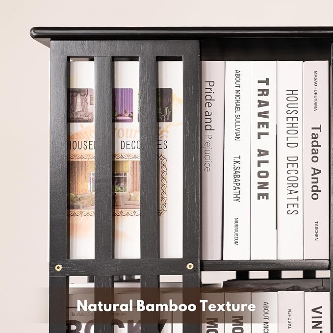 YOWOS Rotating Bookshelf Tower, 360 Display Spinning Bookcase, Bamboo Bookshelf Floor Standing Storage Rack, Wood Narrow Book Shelf Organizer for Kids&Adults (Black, 6 Tier)