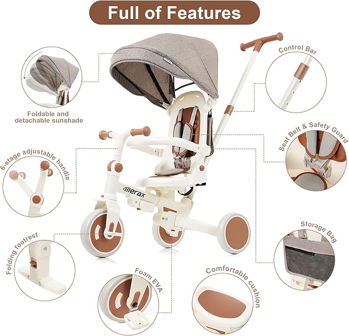 Merax 7-in-1 Foldable Toddler Tricycle Removable Pedal, Canopy and Guardrail Adjustable Push Handle