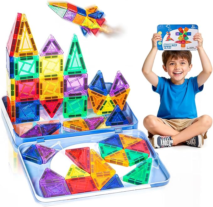 Mini Magnetic Tiles Toddler Travel Essentials Set, 42PCS Magnetic Building Blocks Montessori Educational Tiles Portable Sensory Toys for Aged 3+ Boys Girls Birthday Gift