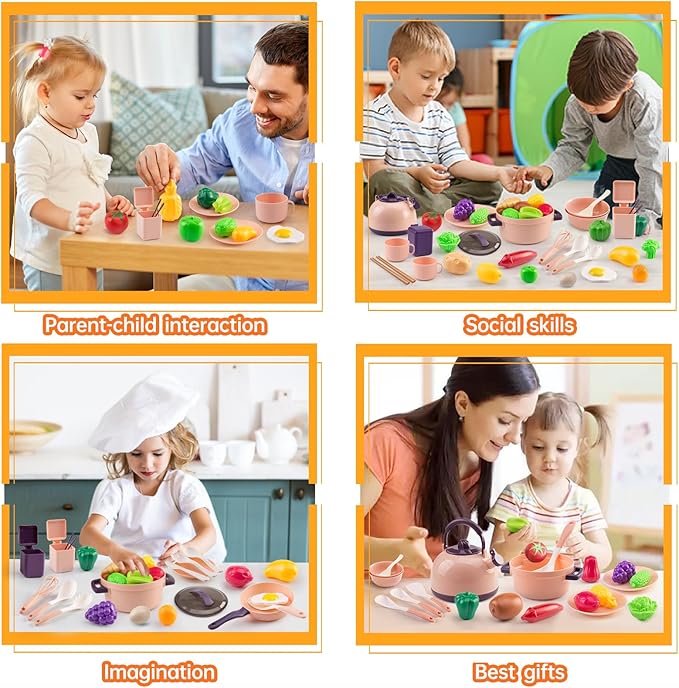 56Pcs Mini Play Kitchen Accessories for Kids, Pretend Cooking Playset with Cookware, Tableware & 2 Fruit Sets, Learning Gift for Girls, Boys, Toddlers, Pink